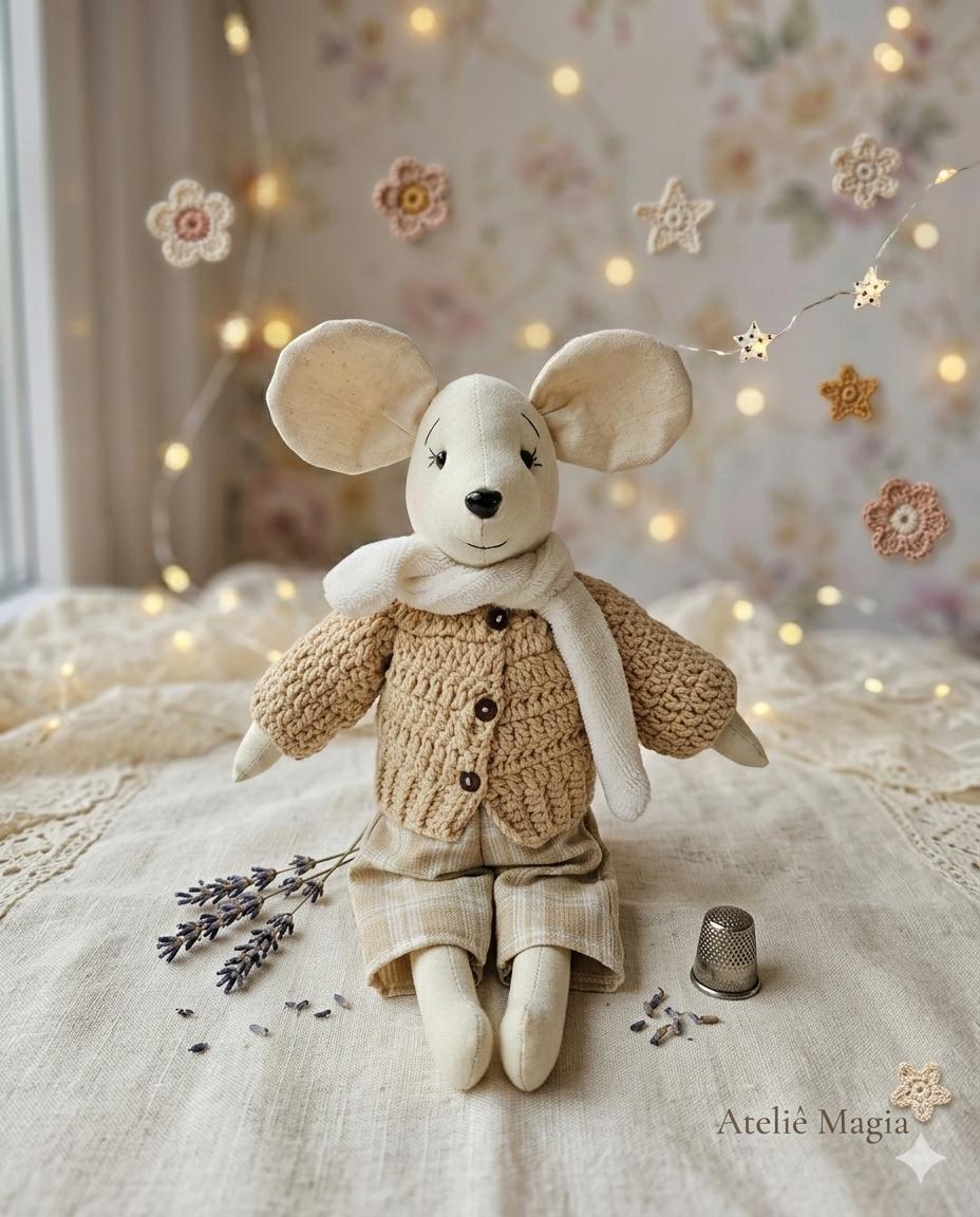 A.I. - Ratinho de Pano com roupinha (casaco de crochê marrom)